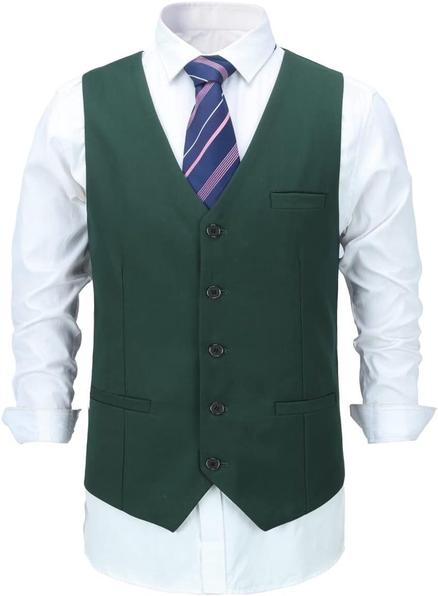 Heren vest V-hals enkele rij gilet slim fit business kostuumvest Western, groen, S