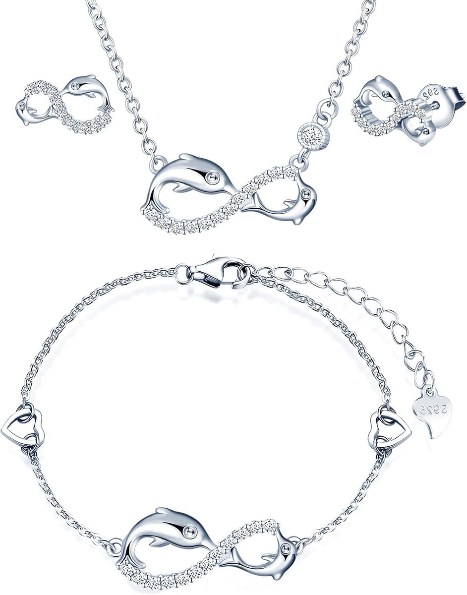 Sieradensets, dames meisjes halsketting hanger armband oorring, 925 zilver halsketting armband oorring, mooie dolfijnen-oneindigheidssymbool sieradensets, ingelegde zirkonia, zilver, Zirkonia,