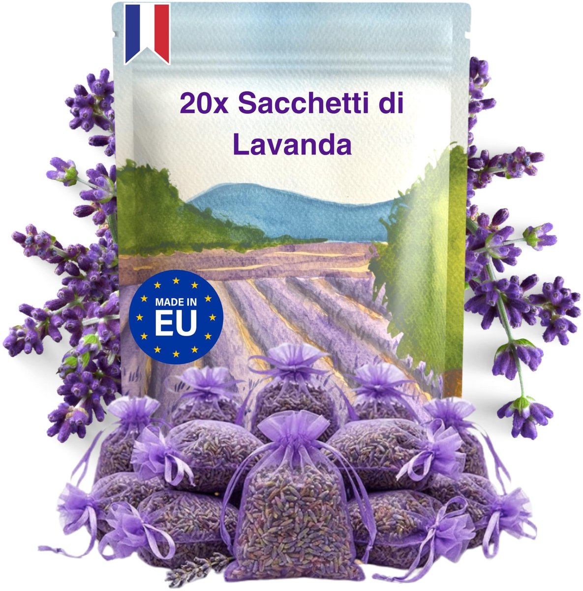 20-delige Lavendel Geurzakjes - Premium Gedroogde Lavendel uit Provence Frankrijk - 120 g - Kledingkast & Linnenverfrisser - Natuurlijke Luchtverfrisser voor Garderobe, Lade, Kast & Woonkamer - Intens Frisse Lavendelgeur