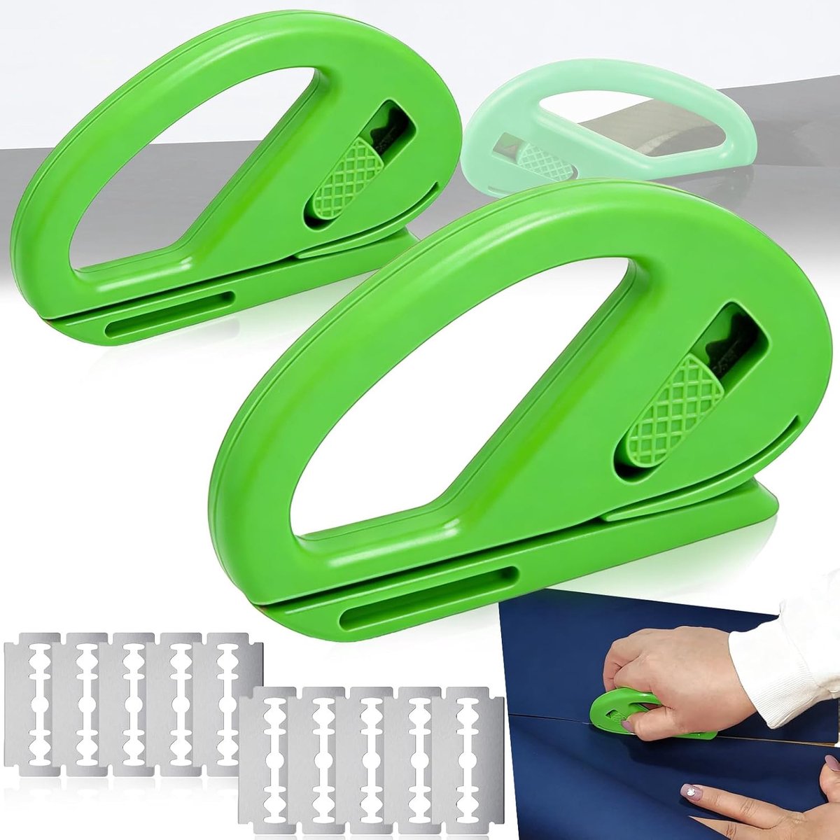 2 stuks Inpakpapiersnijder met 10 reservemesjes, Cadeaupapiersnijder, Glijdende inpakpapiersnijders, Cadeaupapiersnijder voor Rollen, Cadeaupapiersnijder voor Kerstmis (Groen)