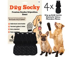 DOG SOCKY - Maat M - 4 Dubbelzijdige Antislip Hondensokken & Hondenschoenen - Set van 4 - Tegen Uitglijden & Pootlikken - Verstelbare Elastische Klittenband - Pootbeschermers voor Houten Vloeren & Tegels - Beagle Franse Bulldog 8-18kg - Zwart