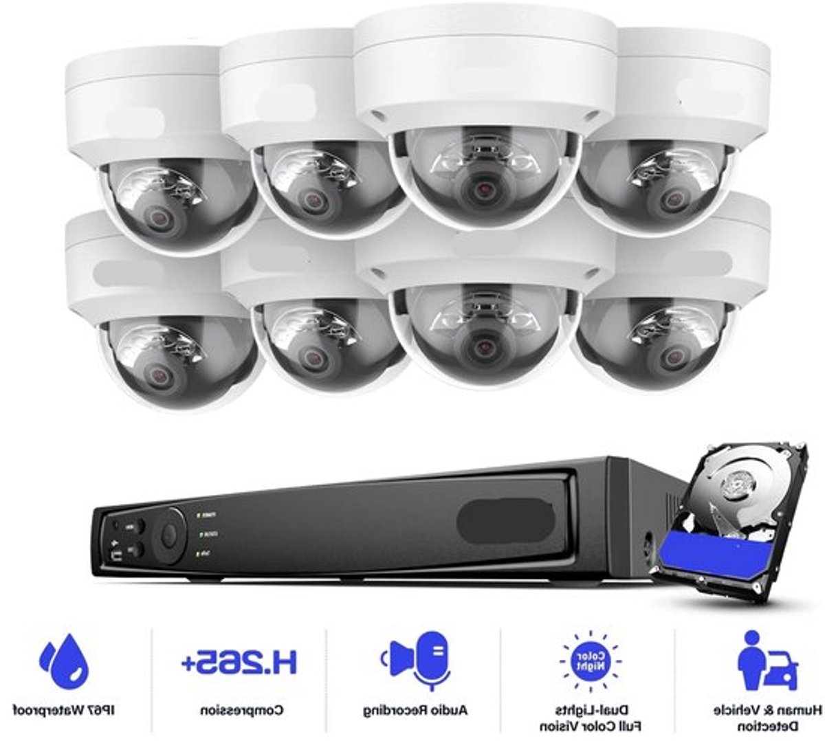 Beveiligingscamera's - Camerabewaking - CCTV Camerasysteem - 4K - 8-kanaals PoE Netwerk - NVR Recorder – Inclusief 4 Stuks 8MP Audio Opname IP Camera’s – Zonder HDD Opslag