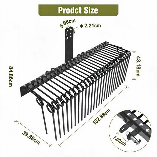 HoerFuriy - 183cm Achtertrek Landscape Hark Voor Tractor - 3‑Puntsophanging Met 30 Veren Tanden - Zware Stalen Hark Voor Tuin‑En Veldreiniging - Zwart (Fijne Kwaliteit) — afbeelding 5