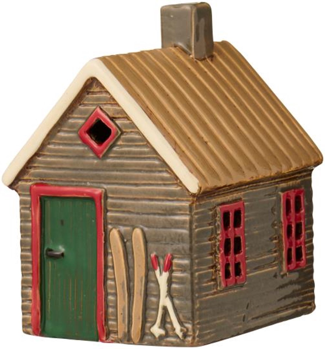 Ib Laursen - Keramieken Huisje - Houten Skilodge - Waxinelichthouder - Bruin