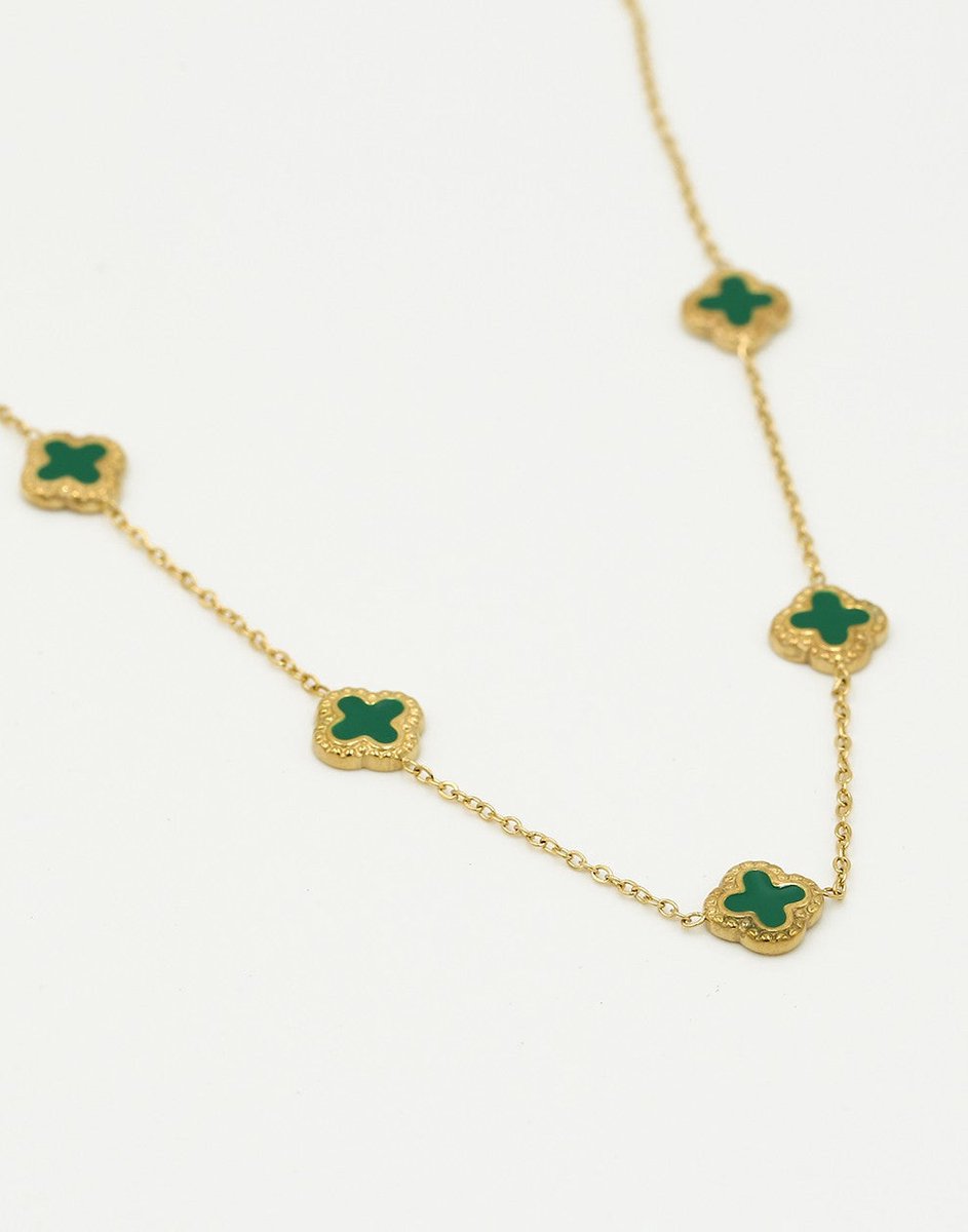 Ketting Klavers Groen Goudkleurig - 40cm + 5cm verlengstuk - Stainless Steel - Glow Adora