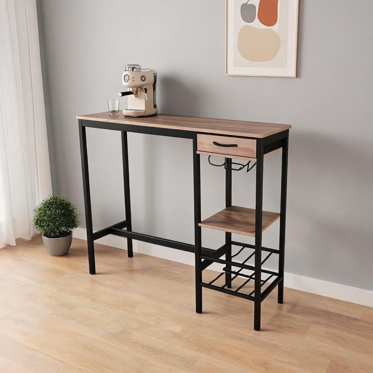 Hoge bartafel 100×40×90 cm, rechthoekig grijs eettafel, metaal‑hout, stoffen lade, houder voor wijnflessen & plank voor wijnglazen, voor keuken woonkamer eetkamer — cadeau in Cadeau-ideeën - foto 6