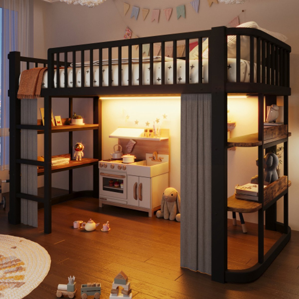 Hoogslaper Zwart 90x200 cm - Metalen Kinderhoogslaper met Verduisteringsgordijn & Smart LED Verlichting - Hoogslaper met Opbergvakken & Veiligheidshek - Zwart