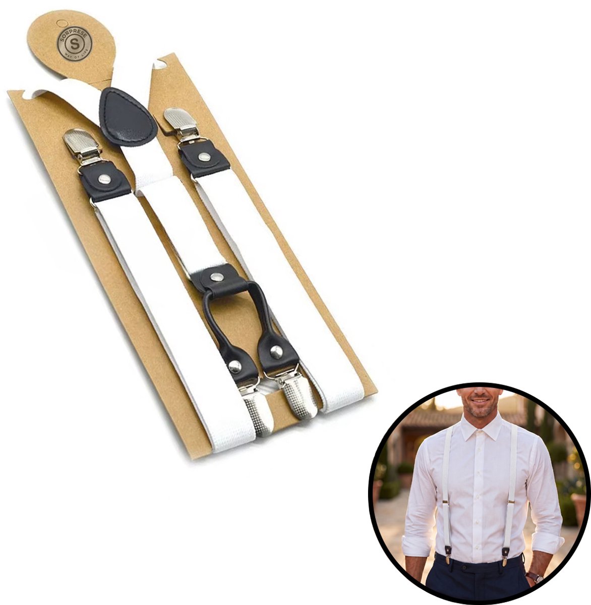Sorprese Bretels Heren Volwassenen - Wit - Verstelbare Y-Bretels - 2,4 cm - Met Leren Clips - Elastisch - Trouwen, Feest & Zakelijk