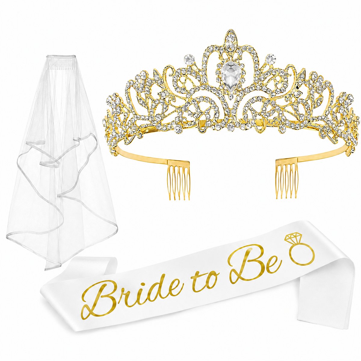 Gloovon - “Bride to be” Vrijgezellenfeest Vrouw Set - 3 Stuks Pakket met Tiara, Sluier en Sjerp - Accessoires voor Bruiloft en Bridal Shower - Goudkleurig