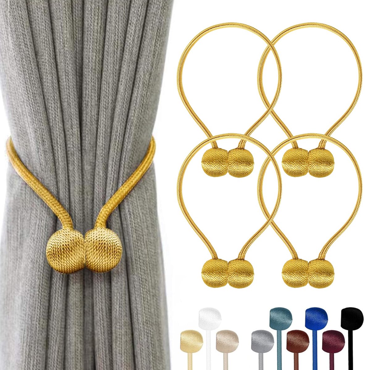 Set van 4 Magnetische Gordijnhouders - Sterke Magneet Gordijnbinders - Decoratieve Gordijnaccessoires Zonder Boren - Voor Woonkamer, Slaapkamer, Badkamer & Kantoor - Goud