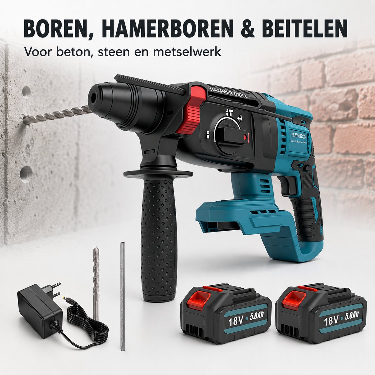 MAWIRON 18V Accu Combihamer Set – Elektrische Boorhamer met 2 Accu’s van 5.0Ah – Voor Beton, Baksteen, Muren en Metselwerk – Inclusief Handgreep, Diepteaanslag, Boor en Oplader