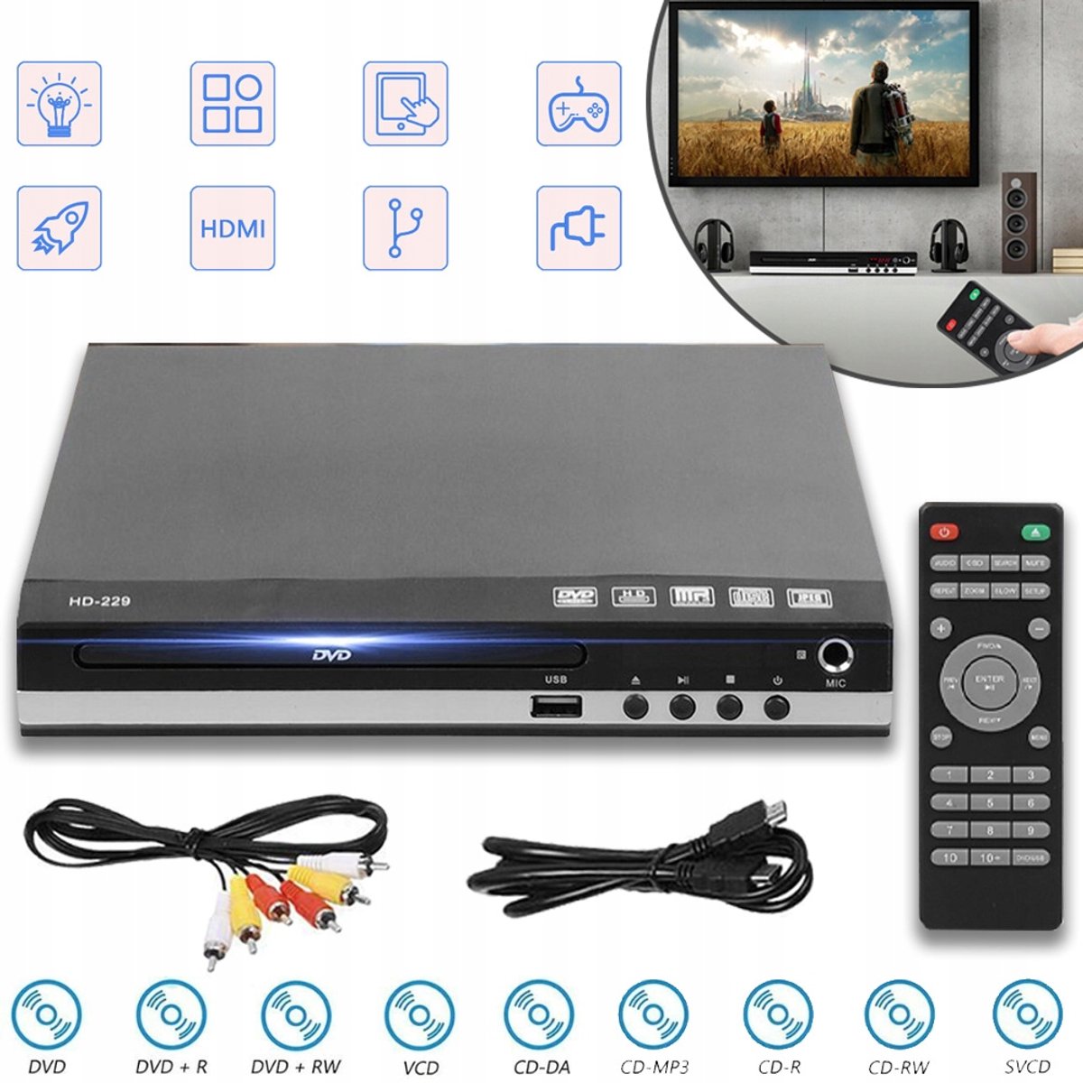 Multi-formaat DVD-Speler Met HDMI En USB - Karaoke Hervatten Van Afspelen Kopiëren Naar USB Afstandsbediening Compact - Voor Thuis En Studentenkamer