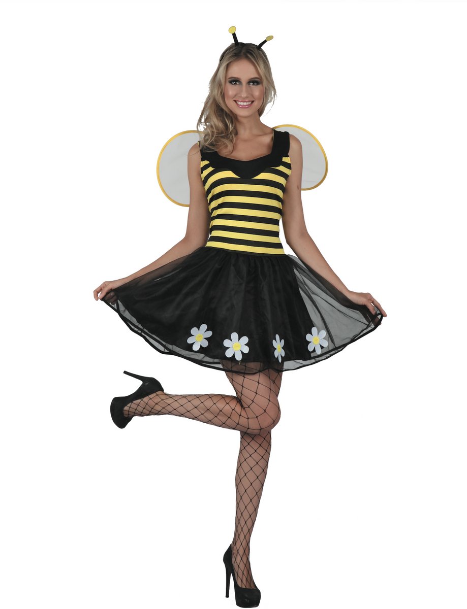 Joya Party® Bij Kostuum Dames Geel | Bijen Verkleedjurk Volwassenen Vrouw | Bee Verkleedpak | Inclusief Vleugels & Voelsprieten | Carnaval & Themafeest Vrouwen | Groepskostuum | Maat M/L