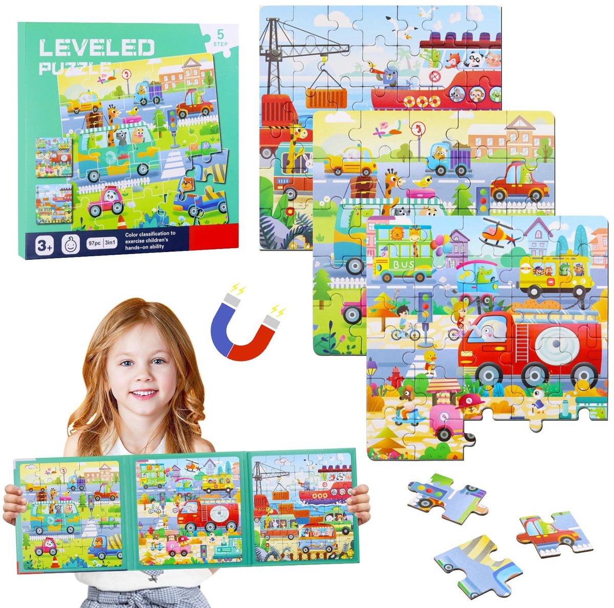 SolidKeus - Magnetisch Kinderpuzzelboek 3-in-1 met 25-30-42 Onderdelen
