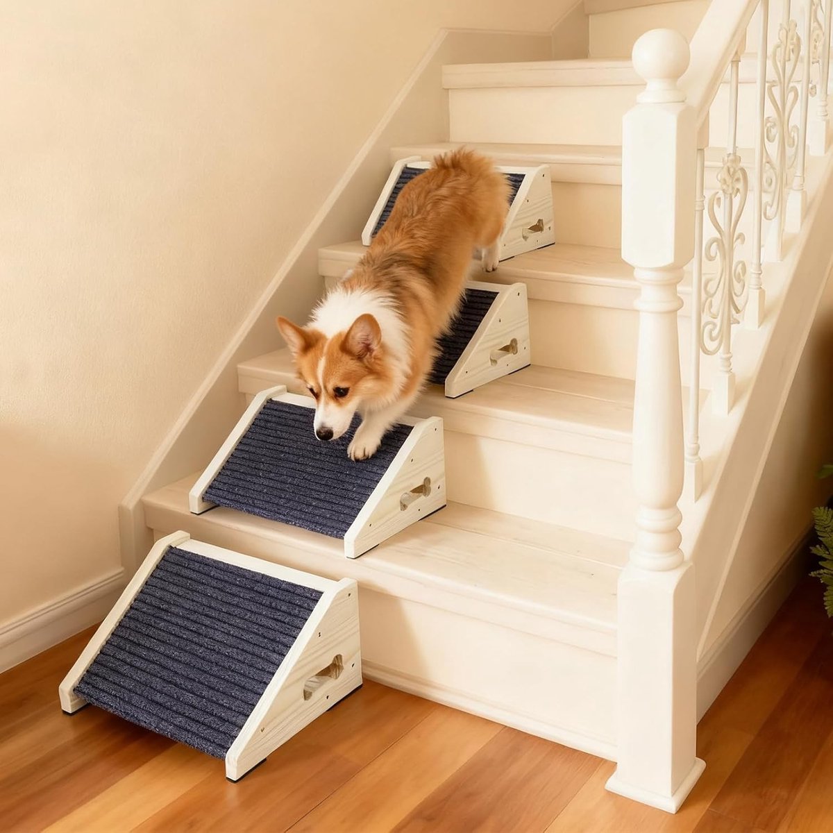 Houten hondenrampe met tapijtopper - 4-delige set voor kleine honden, huisdieren en als trap- en opstapoplossing