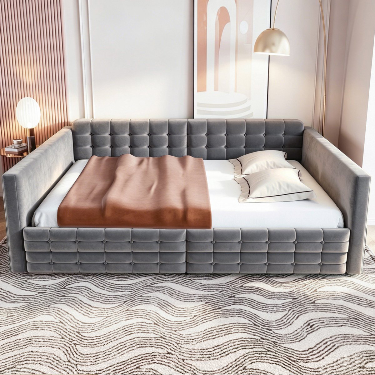 VVBV Bedbank 140x190 cm - Opbergruimte, Met Lades, Ruimtebesparend, Gestoffeerd Hoofdbord - Grijs, Stof
