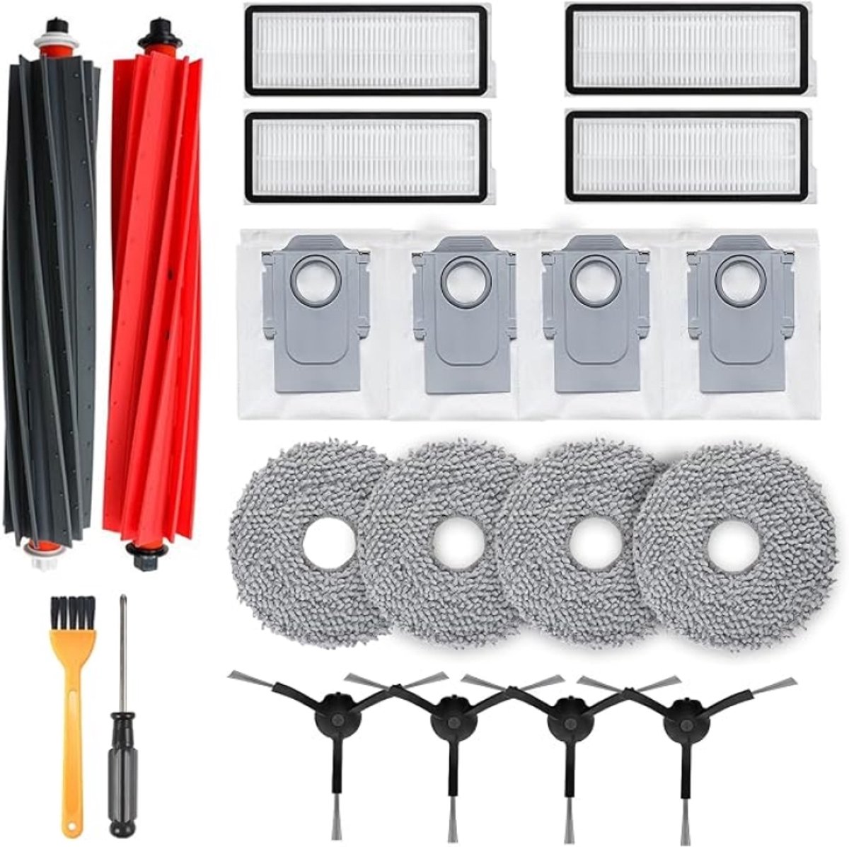 20-delig accessoireset voor Roborock P10S Pro/P10 Pro Plus/V20 & Orevo Master/Orevo Slim – 2 hoofdborstels, 4 stofzakken, 4 dweilpads, 4 filters, 4 zijborstels, 1 schoonmaakborstel