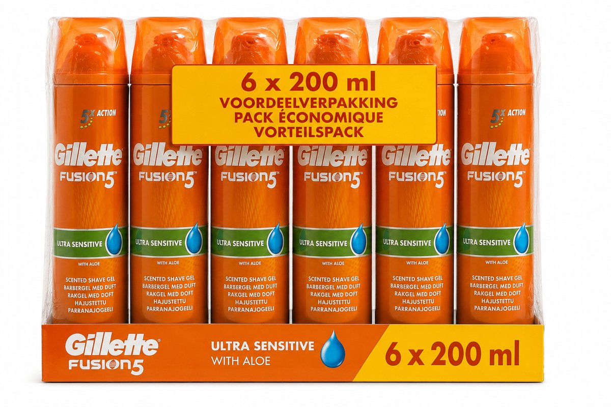 Gillette Fusion5 Ultra Sensitive Scheergel – 6 x 200 ml – Met Aloë Vera – Voor Gevoelige Huid