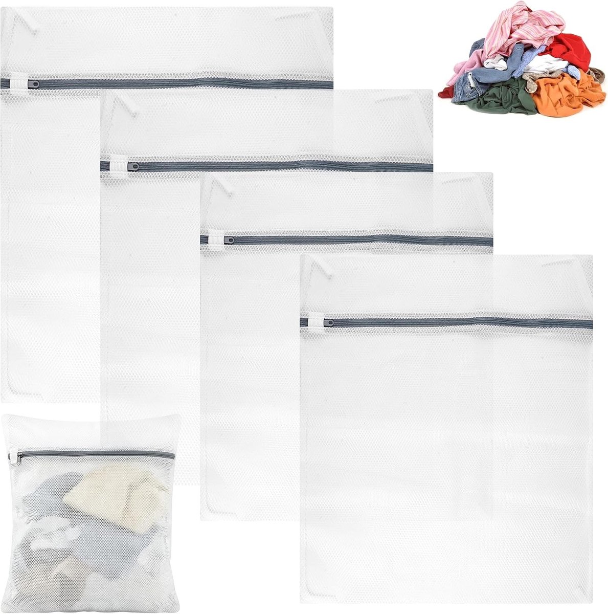Herbruikbare Mesh Waszakjes - 4 Stuks, Ideaal voor Sokken, Truien en Onderkleding | 50 x 60cm en 40 x 50cm met Ritssluiting voor Veilig Wassen