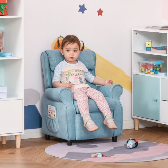Blauwe 58x53x70cm Kindersofa Met Voetensteun En Verstelbare Rugleuning, Kinderfauteuil Met Armleuningen En Ligfunctie, Comfortabele Kinderstoel Voor Jongens En Meisjes Van 3-5 Jaar, Kinderbank Voor Kinderkamer En Speelhoek — afbeelding 3