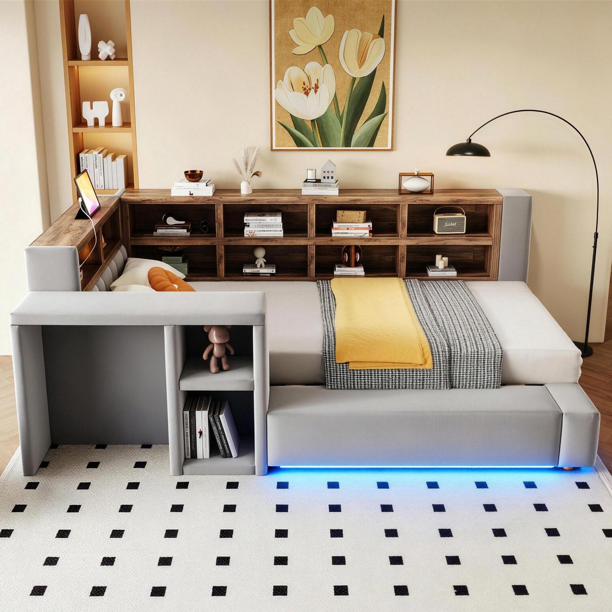 VVBV Eenpersoonsbed 90x200 cm - Met Bureau, Opbergruimte, Stopcontact, LED-Verlichting - Donkergrijs, Stof