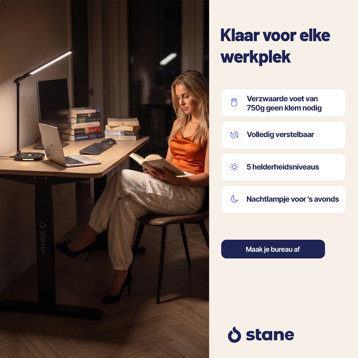 Stane Dubbele Bureaulamp LED Dimbaar - 2 Draaibare Lampenkoppen - 5 Lichtkleuren (2700K-6000K) - Touchbediening - - Tafellamp - Werklamp - Zwart Incl USB-C-Kabel thumbnail 2