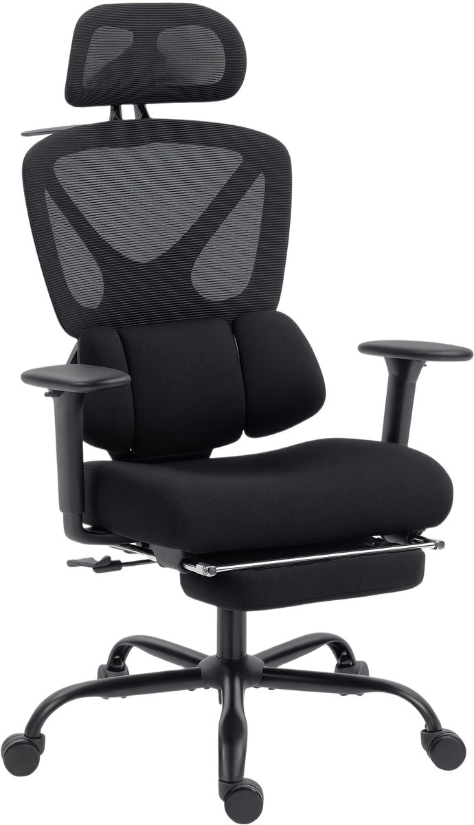 Zwarte Ergonomische Bureaustoel 75x73x128 cm, Computerstoel, Kantoorstoel, PC Stoel, Schrijfstoel, Draaistoel Met Wielen, Verstelbare Hoofdsteun, Armleuningen, Lendensteun, Kantelfunctie En Voetsteun Voor Thuiswerk En Kantoor