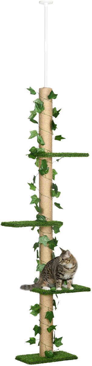 37 x 21 x 202-242 cm Vloermodel kattenkrabpaal (met bladversiering) – 4-laags, in hoogte verstelbare kattenkrabpaal – inclusief krabplank – antislipset – geschikt voor jonge katten om binnenshuis te rusten en te spelen – groen