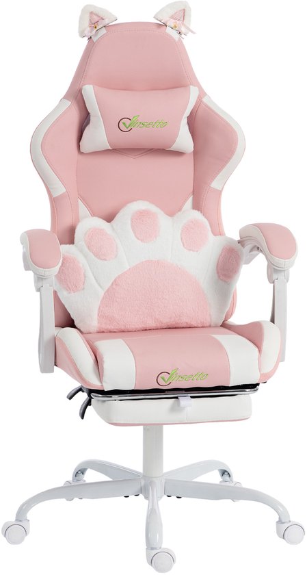 Roze gamingstoel met witte accenten, kattenoortjes en een zacht pootafdruk kussen op witte voet.