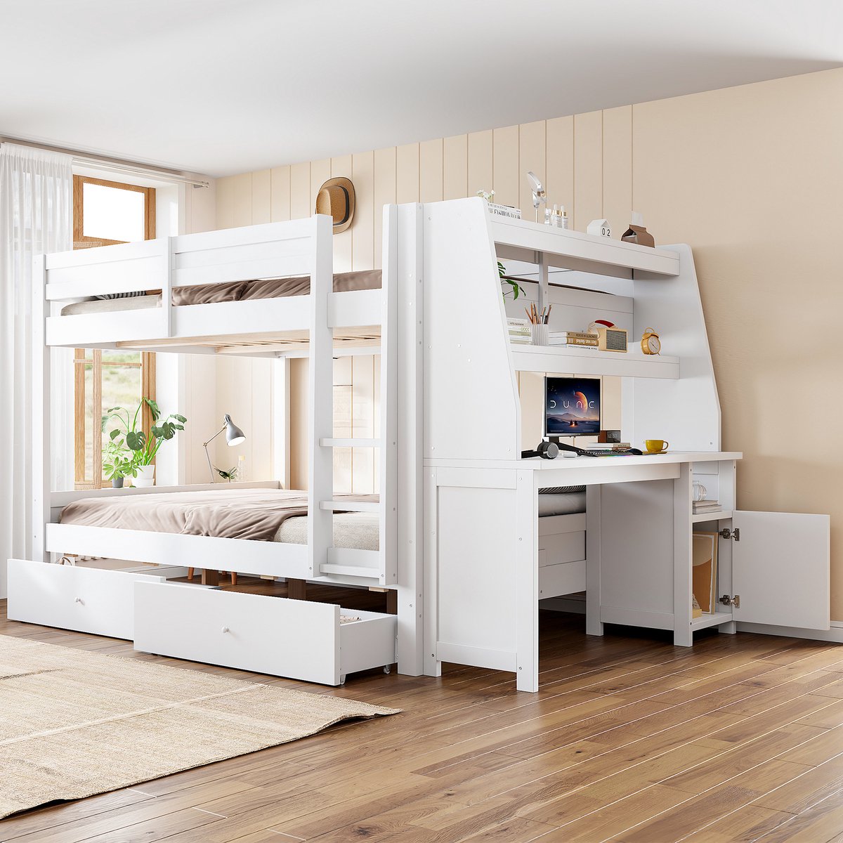 VVBV Stapelbed 140x200 cm - Met Bureau, Uitvalbeveiliging, Opbergtrap, Met Lades - Wit, Hout