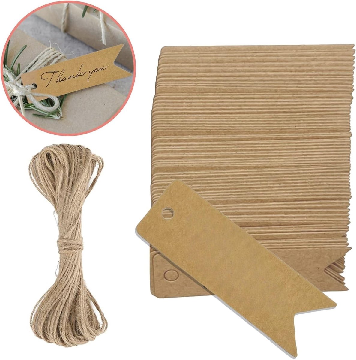 SnelShoppen - 100 Stuks Bedank Geschenktags Kraftpapier met 20M Jute Touw, Bruine Papieren Labels voor Hangers, Kleine Trouwerij Hanger voor Gastenges