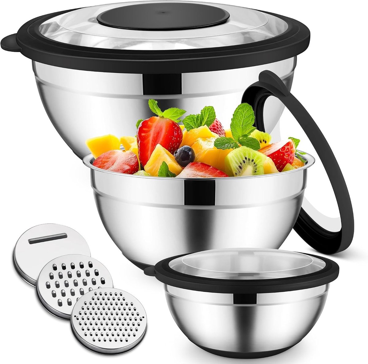 3-delige roestvrijstalen mengkom set met transparant deksel, antislip silicone basis en 3 raspaccessoires, 4.6 l/2.5 l/0.7 l, vaatwasserbestendig, ideaal voor salades en koken
