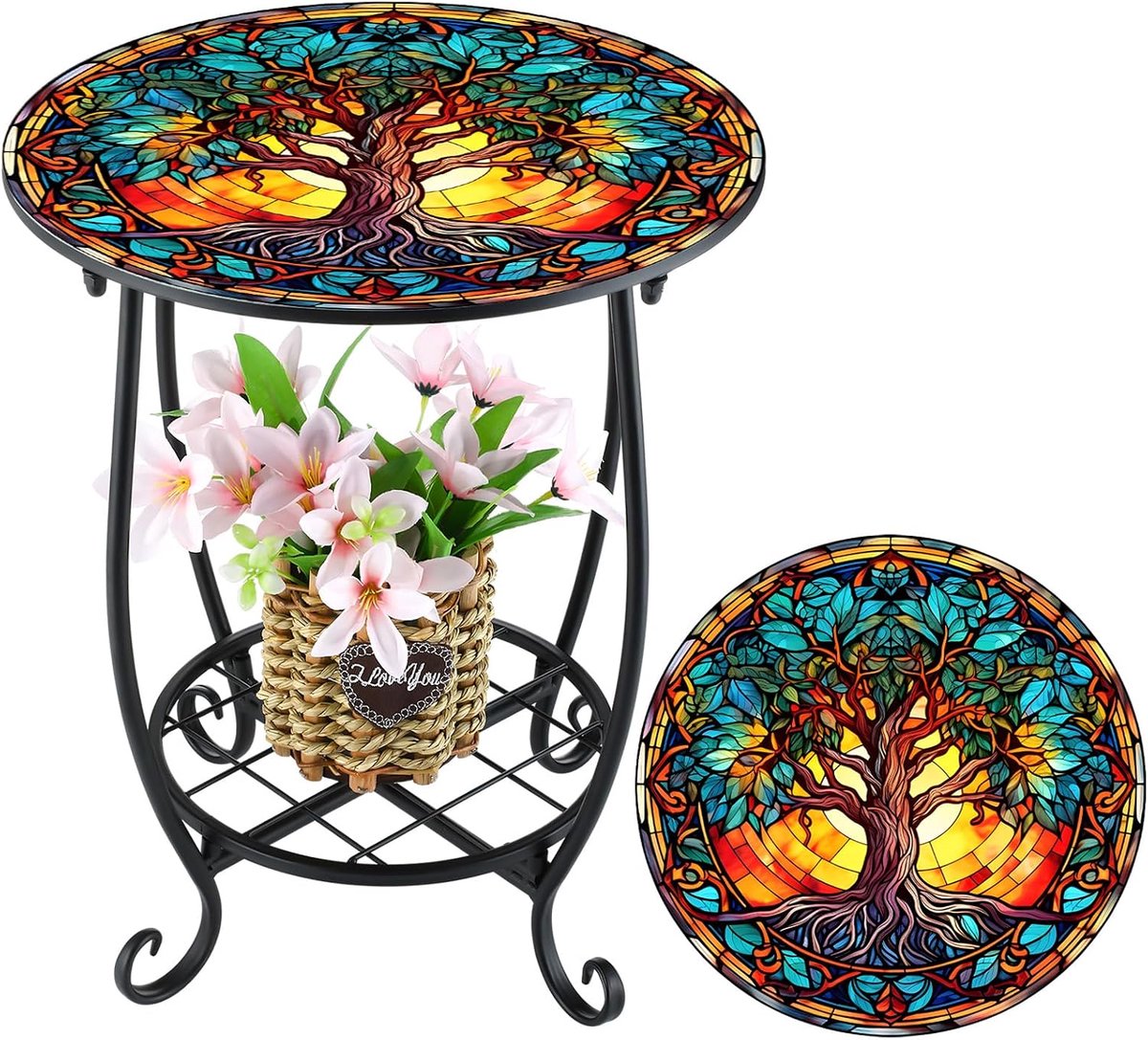 Casalora® Retro balkon bijzettafel - tuin ronde tafel - buiten eettafel - decoratieve binnen bijtafel - Levensboom stijl - geschikt voor patio, tuin, veranda, woonkamer - blauw&rood