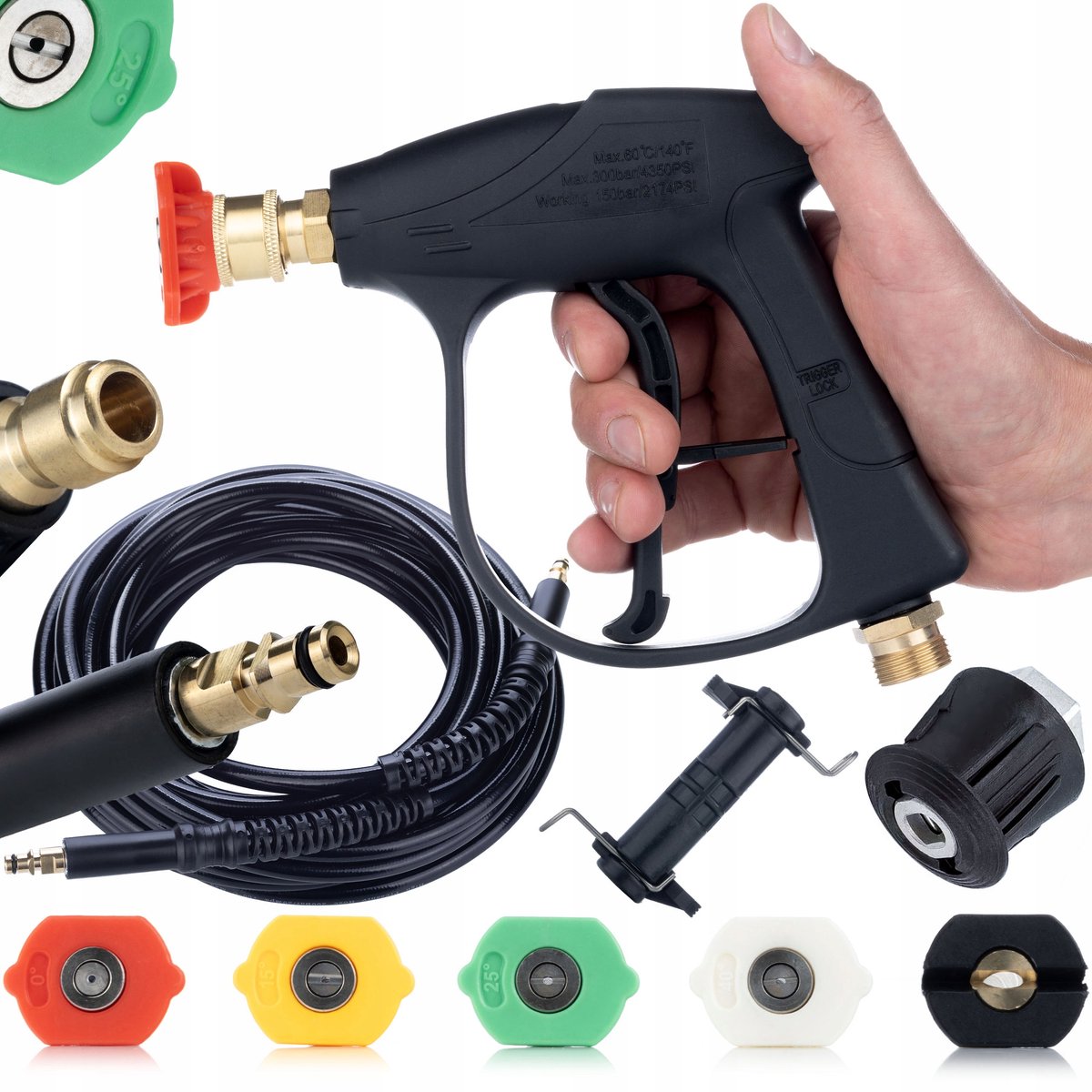 Rosfix Accessoireset Spuitpistool Set - Hogedrukpistool 300 Bar - 8 M Hogedrukslang, 5 Spuitmondjes - Geschikt voor Kärcher