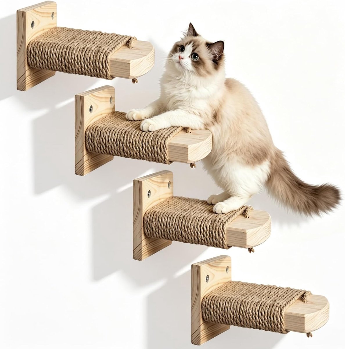 VHV 4 Stuks Kattentrap - Klimwand voor Katten - Kattentrap met Jute Touw - Kattentrap voor Binnen - Kattenspeelgoed voor Klimplezier - Veilige Kattentrap voor Kattenvoorziening