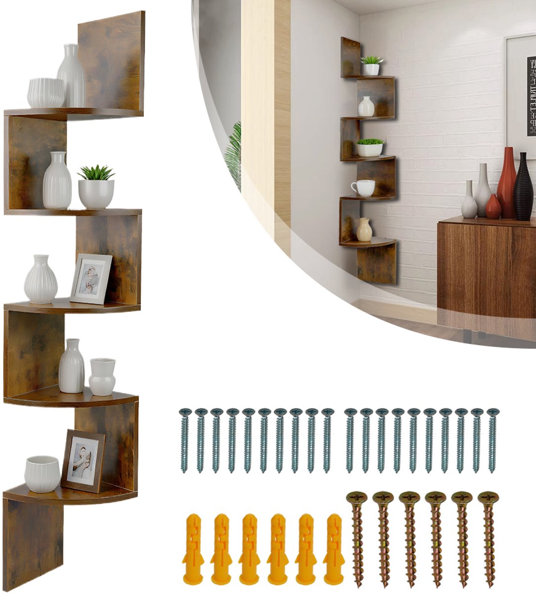 5-Laags Hoekopbergrek - 126 cm Hoog Compact 20x20 cm Vochtbestendig MDF - Eenvoudig Aan De Muur Te Bevestigen Ruimtebesparend - Voor Thuis, Kantoor En Winkel - Gebrand Hout