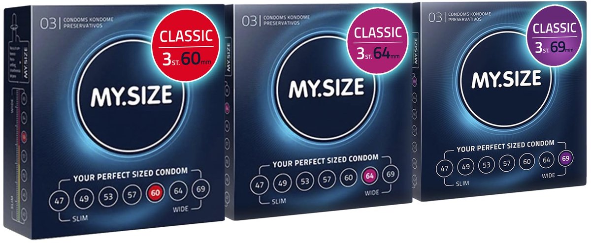 MY.SIZE Classic condooms 3-delig proefverpakking I 60, 64, 69 mm breed I 3x3 stuks premium condooms extra dun I condooms true to touch gossamer I dunne 0,07 mm wanddikte I condooms veganistisch