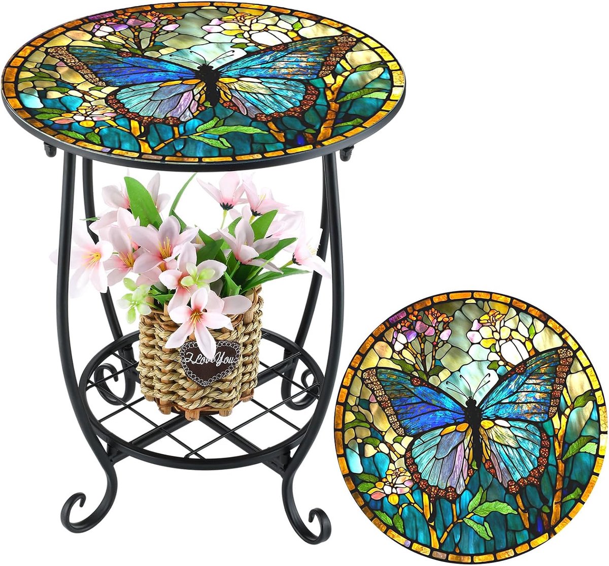 Casalora® Retro balkon bijzettafel - tuin ronde tafel - buiten eettafel - decoratieve binnen bijtafel - Vlindervorm stijl - geschikt voor patio, tuin, veranda, woonkamer - Blauw & Groen