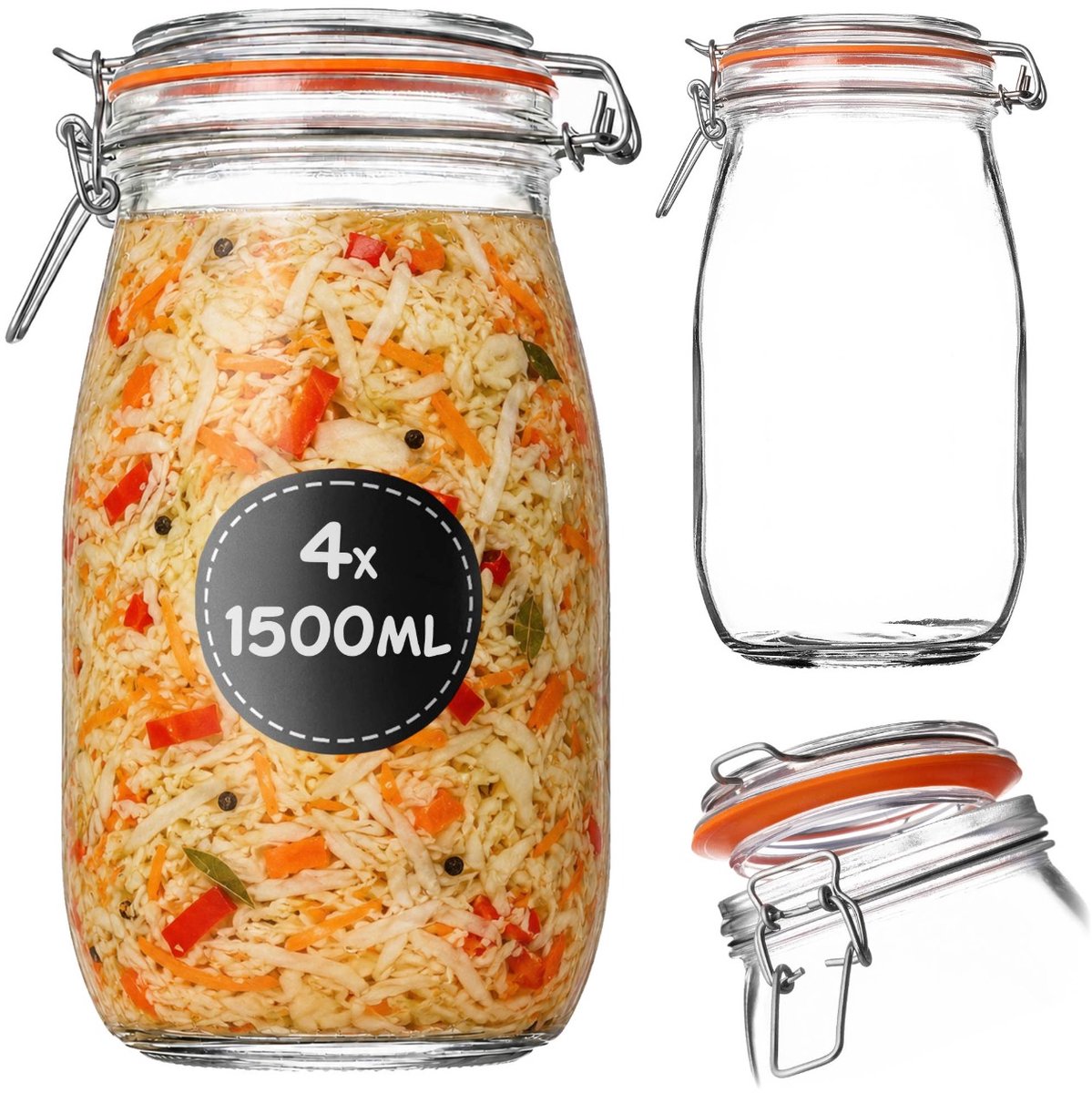 KADAX inmaakpot 4 stuks 1,5 l met beugelsluiting, luchtdichte pot met rubberen afdichting en glazen deksel, augurkenpot, grote glazen voorraadpot, fermentatiepot