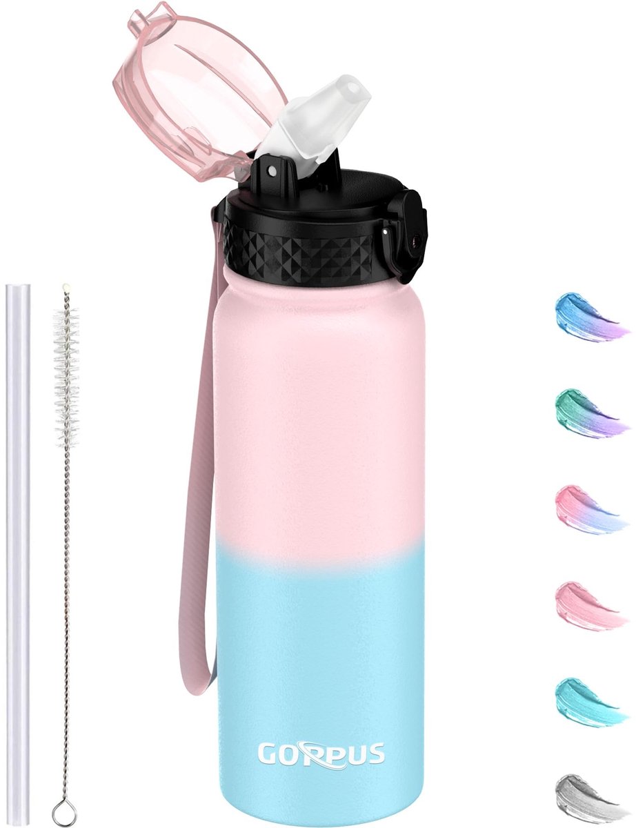 Omgoods - Roestvrijstalen Waterfles met Rietje - 600 ml