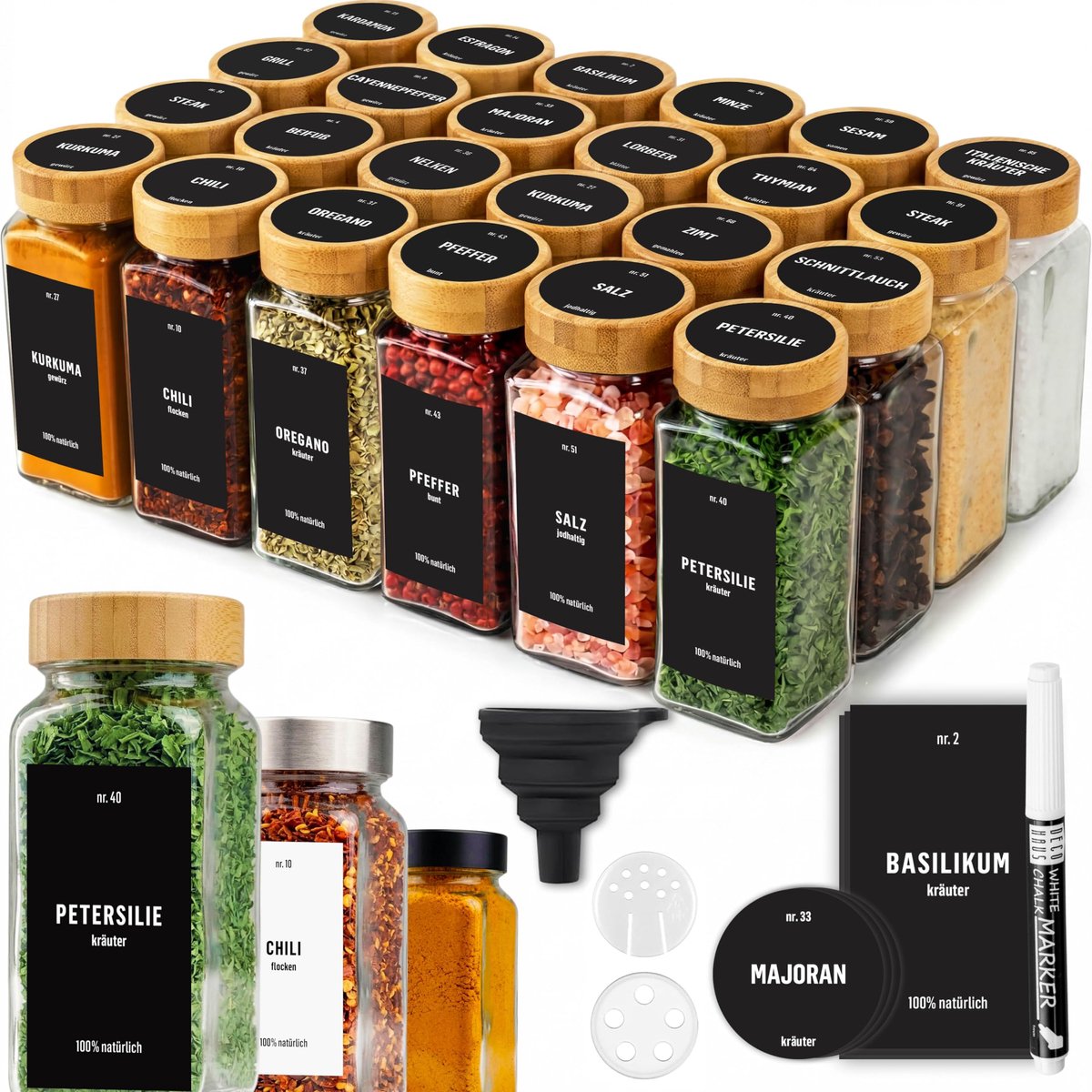 24-delige Kruidenpotjes Set - Glazen Kruidenpotjes met Schroefdeksel - Inclusief Labels, Trechter, Reinigingsborstel & Stift - Transparante Kruidenopslag met Strooidop - 120 ml - 10,5 x 4,2 cm