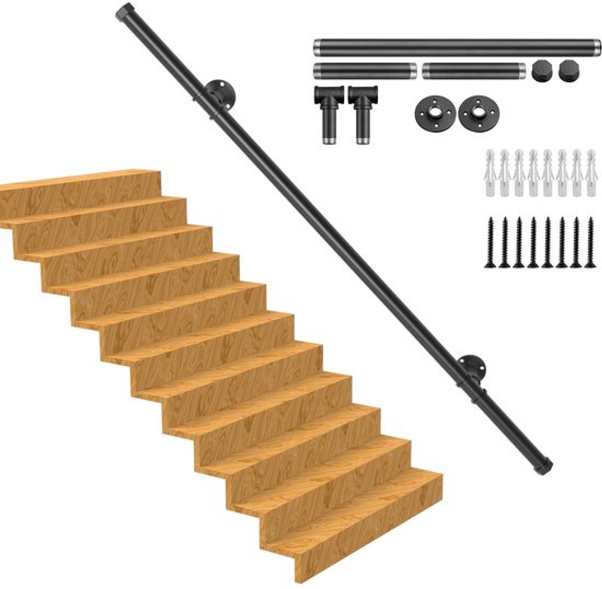 Pijp Wandleuning 450LBS Laadvermogen - Industriële Trapleuning - Koolstofstaal - Waterdicht - Roestbestendig - Vintage Stijl