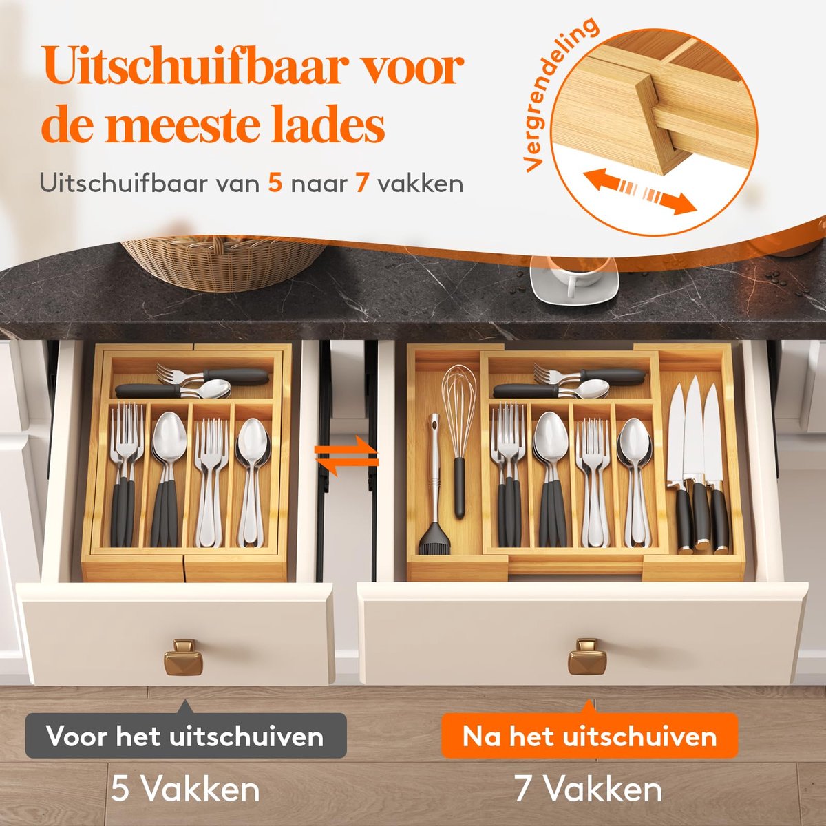 Bamboe Bestekbak voor Lade - Verstelbare Lade Organizer 24-40 cm Breed - Bestekhouder voor Lepels, Vorken & Messen - Keukenlade Opbergsysteem - 33 cm Diep