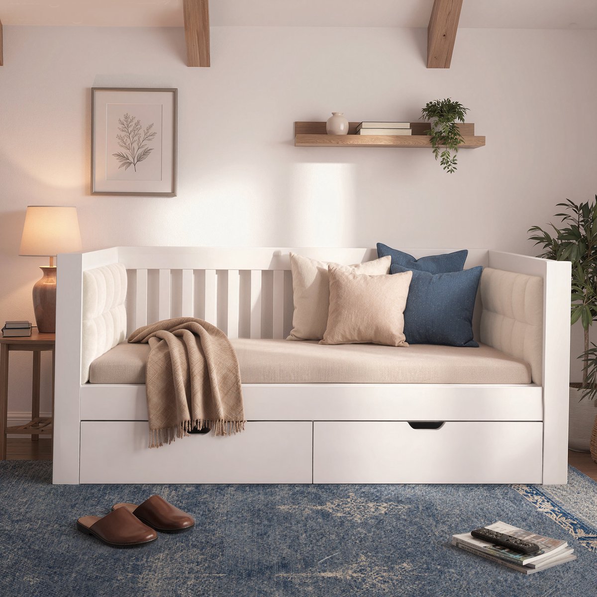 Merax 90x200 cm slaapbank - met 2 lades - met afgeronde armleuningen - wit - zonder matras