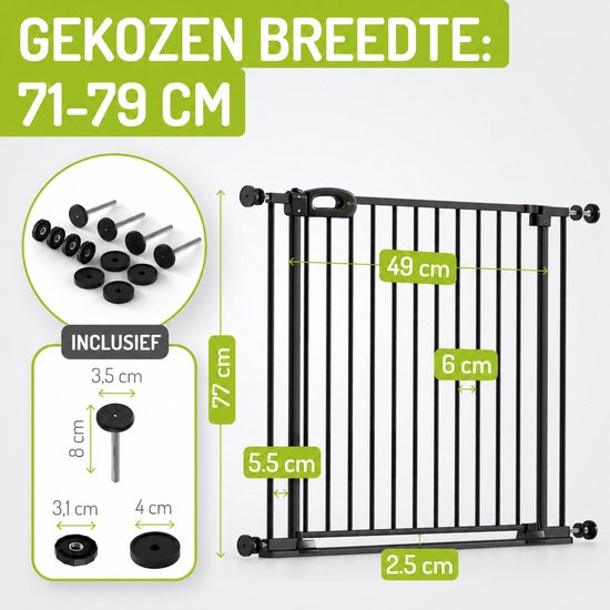 Zwart traphekje van 77 cm hoog, geschikt voor breedtes van 71-79 cm. Toont inclusief accessoires.