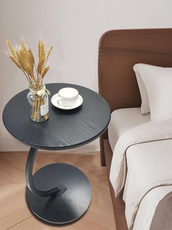 Houten bijzettafel met C-vormige steun, bijzettafel voor woonkamer, kantoor, ronde salontafel, walnoot, tafelblad diameter 40cm, hoogte 60cm, zwart van houten — afbeelding 5