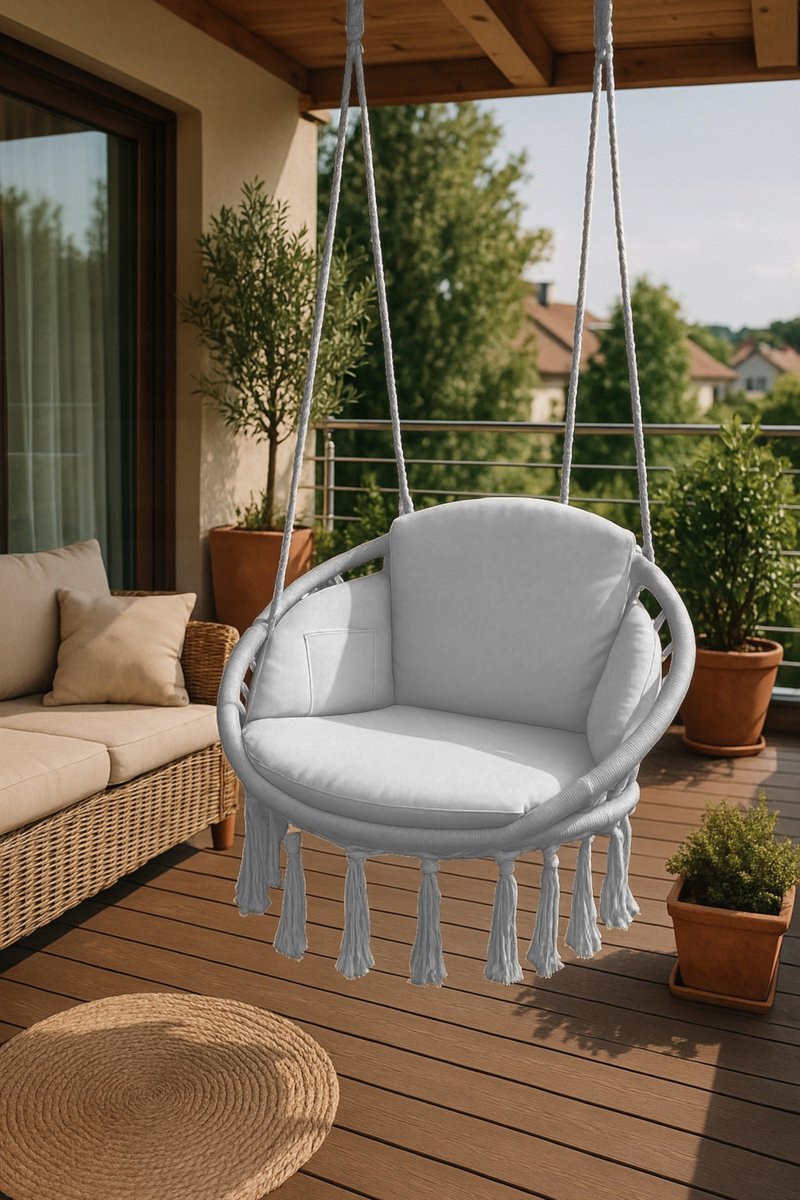 Grijze Boho Macramé Hangmat Stoel met Waterdicht Kussen