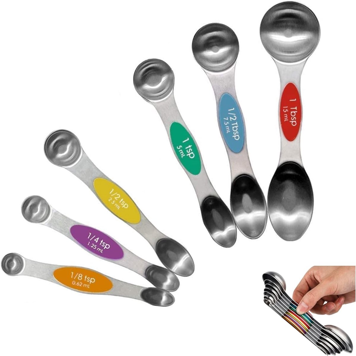 Maatlepel van roestvrij staal, stapelbare soeplepel voor het meten van droge en vloeibare ingrediënten (magnetische opslag 6-delige set)