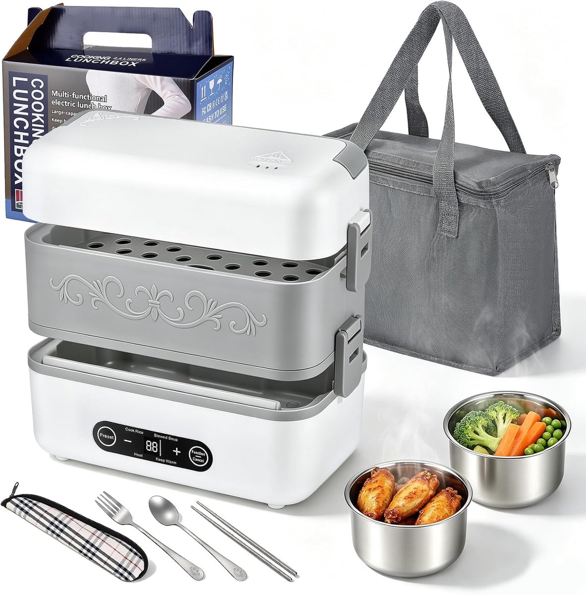Lunchbox voor volwassenen, draagbare draadloze verwarmde lunchbox, verwarmde lunchboxen, 2,4 l, uitneembare roestvrijstalen binnencontainer, digitaal display, voor kantoor, reizen