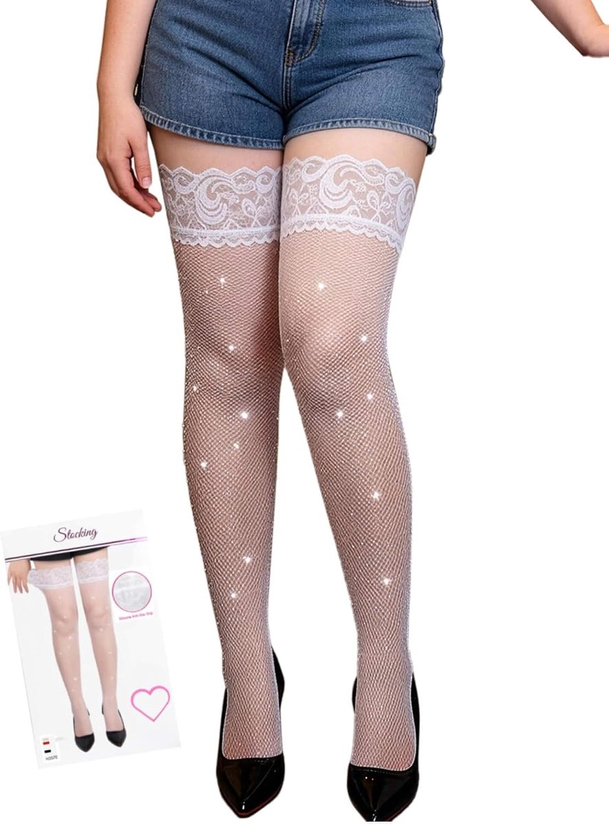 Comeondear Holdloze kousen, glitter, XS-5XL, grote maten, sexy kousen voor kousenhouder, kant, netkousen, overknee, visnet, hoge dijen, met antislip siliconen (doosverpakking)